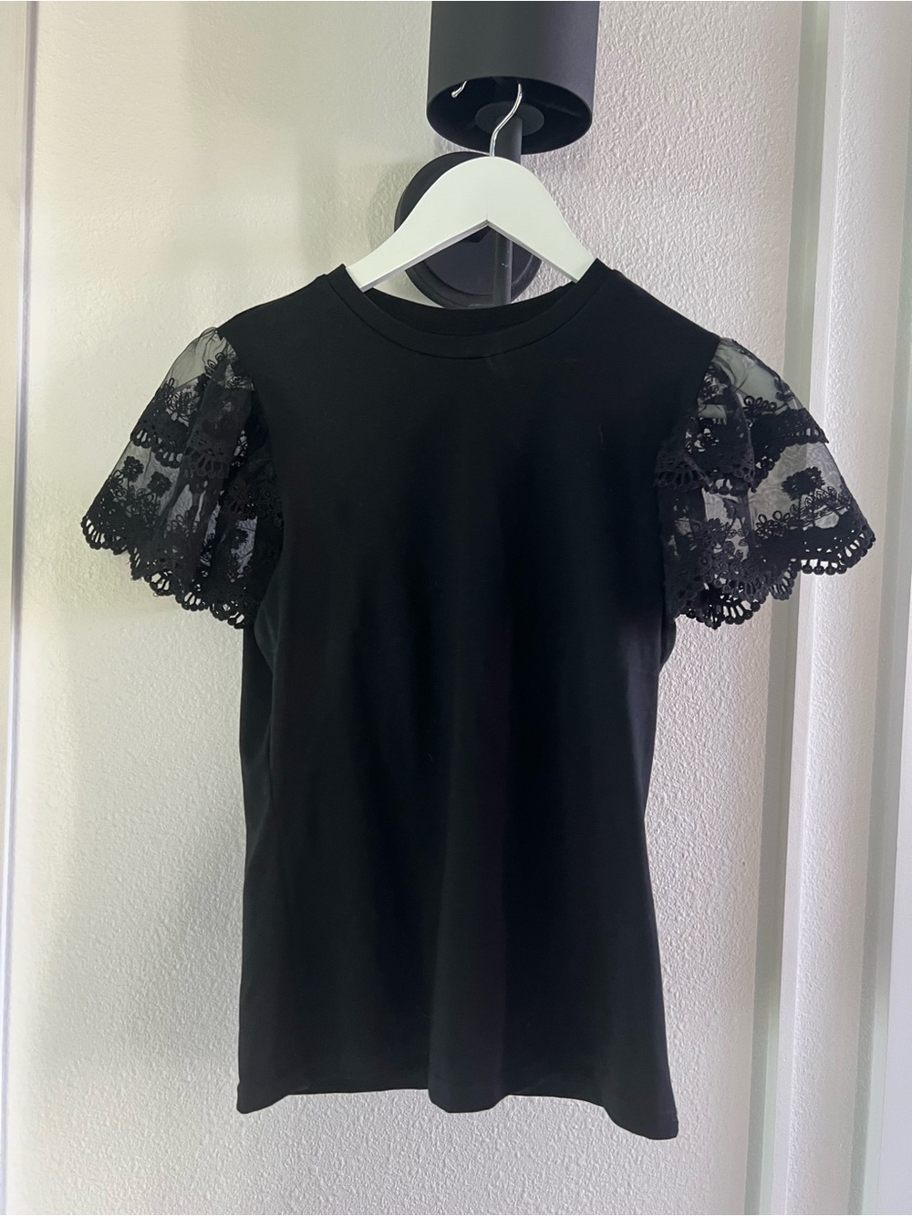 SHEIN Black Tee with Lace Flutter Sleeves